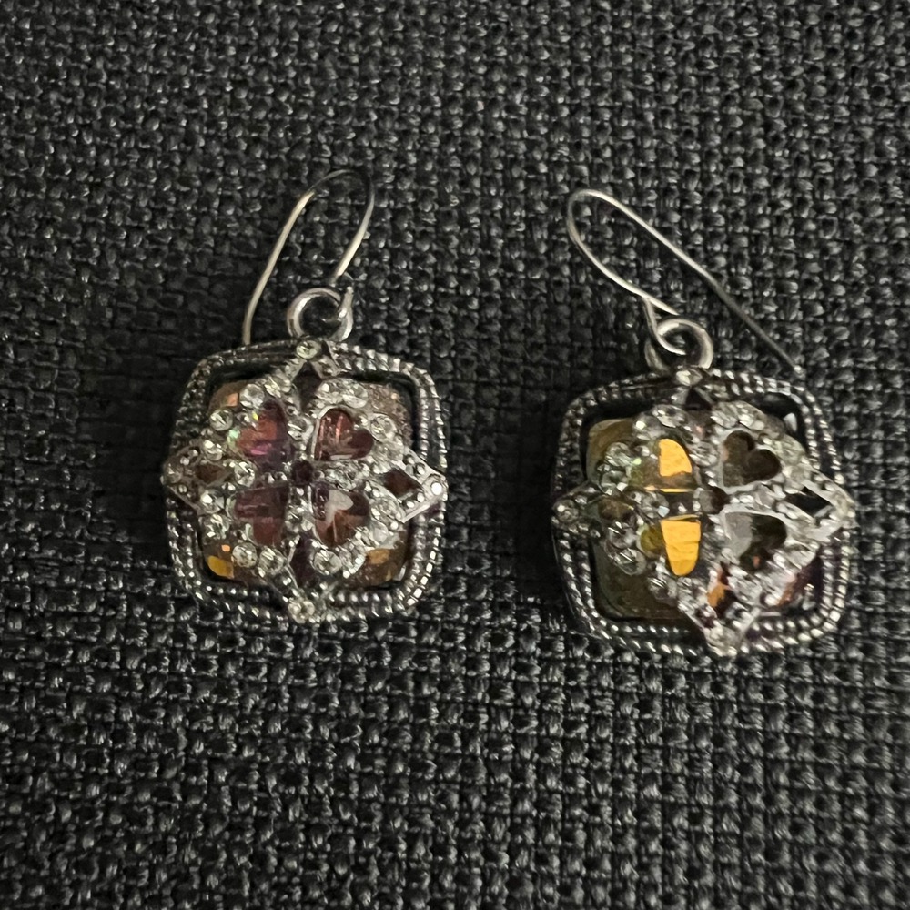 Vintage Brighton Silver Tone Crystal Filigree Square Drop Earrings Whimsical